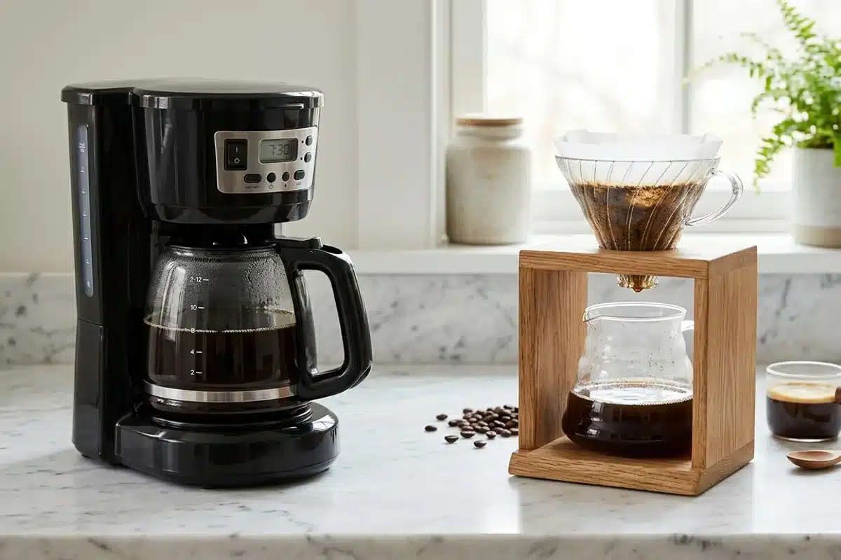 Cafetière filtre électrique et pour-over sur marbre blanc Cafetière filtre électrique et dripper pour-over côte à côte sur marbre blanc