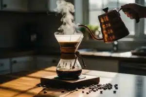 Chemex en verre posée sur une table en bois, versement lent d'eau chaude depuis une bouilloire à long bec