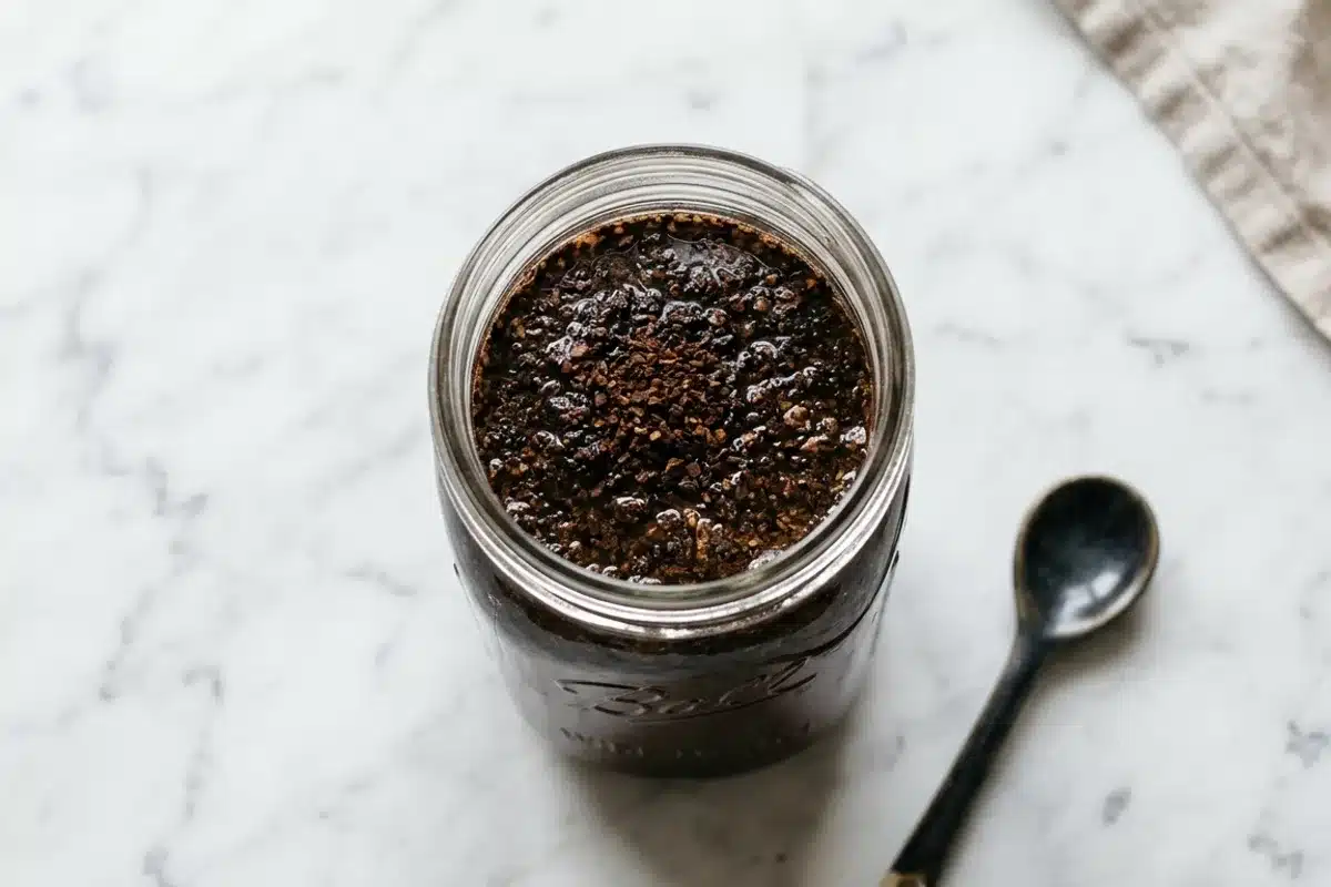 Bocal de cold brew en infusion froide Bocal mason jar contenant du café grossièrement moulu en infusion dans de l'eau froide, vu de dessus