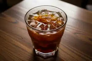 Verre de cold brew avec glaçons sur une table en bois sombre, recette maison