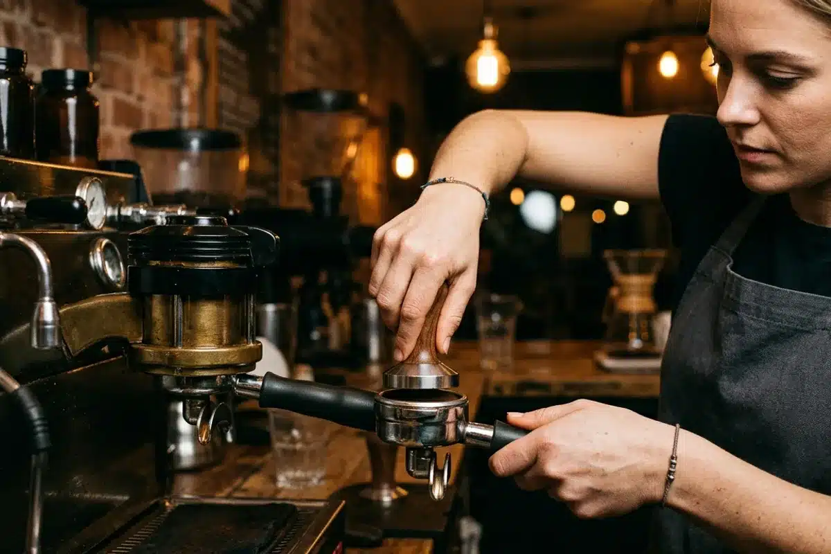 Préparation de l'espresso pour un cortado Gros plan sur un porte-dosette en inox garni de mouture d'espresso, machine espresso professionnelle