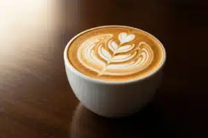 Tasse de flat white avec latte art rosette sur fond bois sombre, vue légèrement de dessus