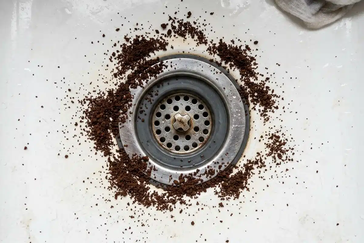 Marc de café dans le siphon pour entretenir les canalisations Marc de café saupoudré autour du siphon d'un évier blanc pour désodoriser les canalisations