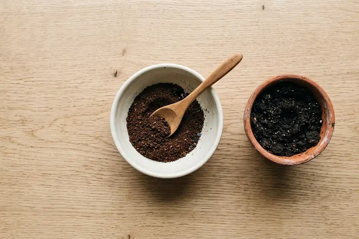 Dosage du marc de café pour les plantes en pot, cuillère et bol blanc Vue de dessus d'un bol blanc de marc de café sec avec une cuillère en bois et un pot de terreau sur table en bois naturel