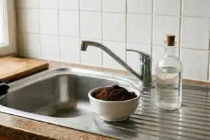 Bol de marc de café et bouteille de vinaigre blanc posés près d'un évier en inox pour le nettoyage naturel