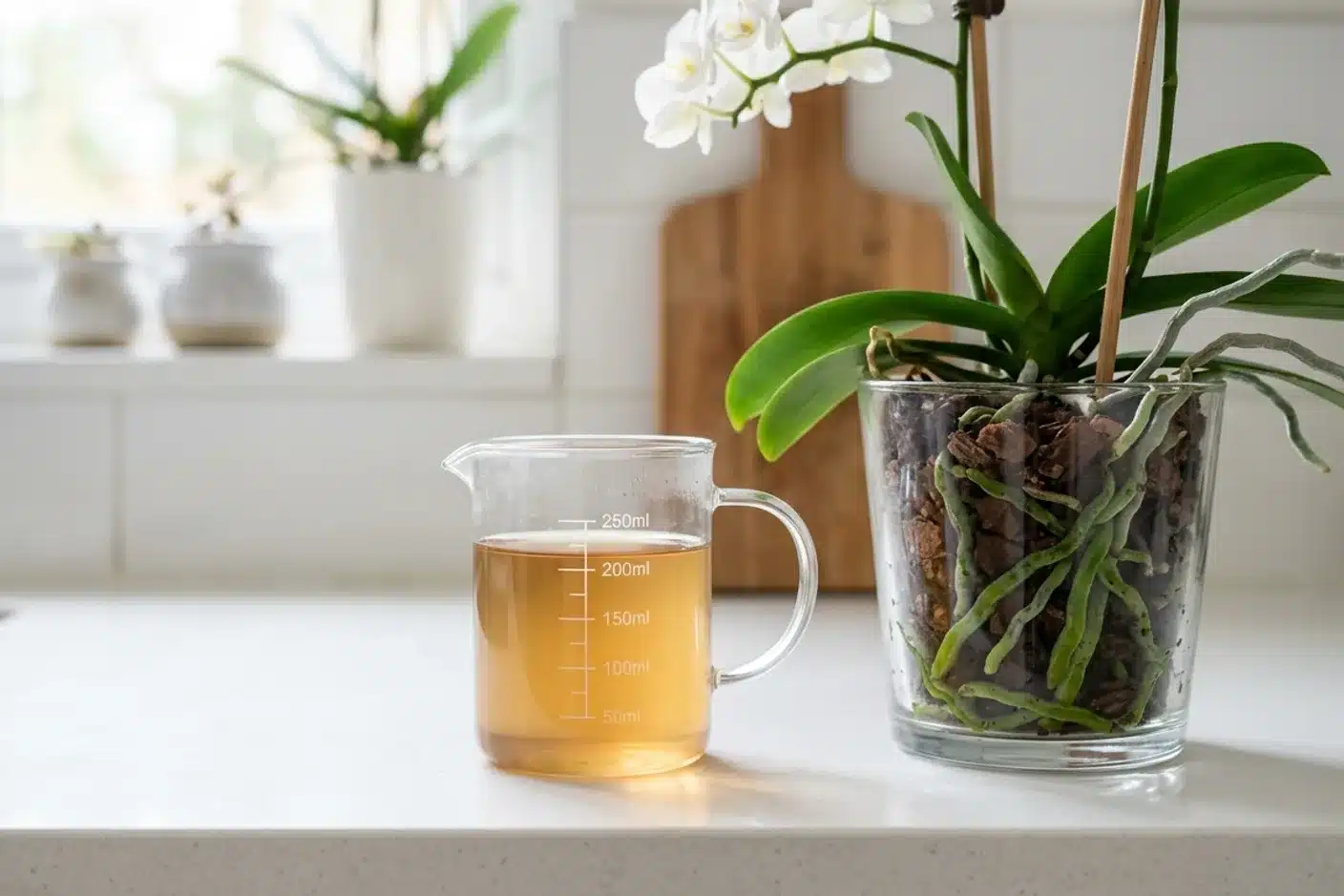 Infusion de marc de café pour orchidée : dosage et méthode Verre doseur avec infusion de marc de café diluée à côté d'une orchidée en pot transparent