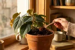 Marc de café en petite cuillère ajouté dans le terreau d'une plante verte d'intérieur en pot terracotta sur rebord de fenêtre ensoleillé