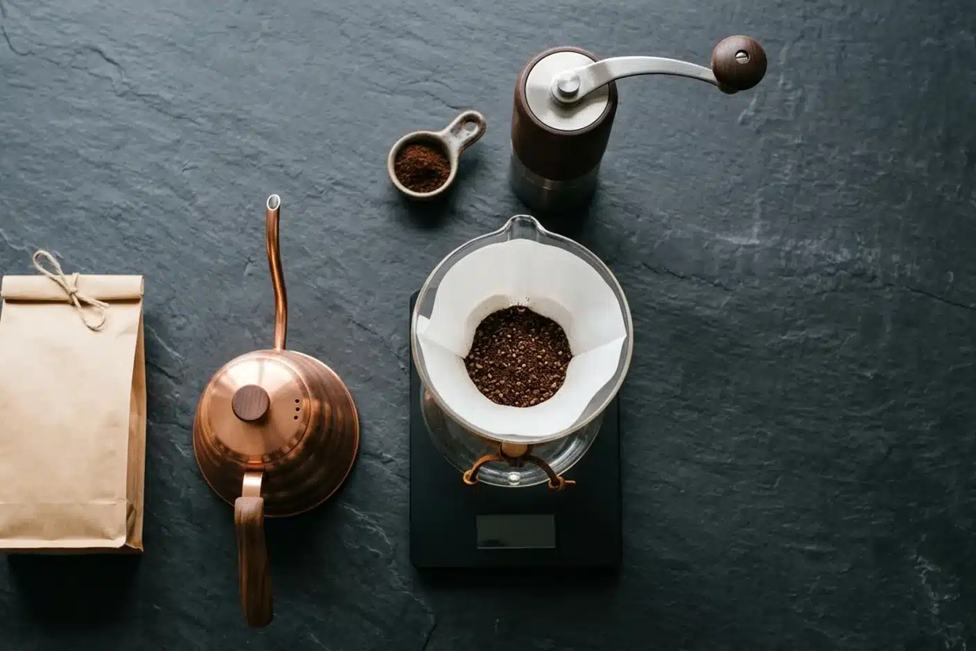 Matériel pour préparer un café Chemex Matériel Chemex en flat lay : moulin à café, balance, bouilloire cuivrée et café en grains sur plan ardoise