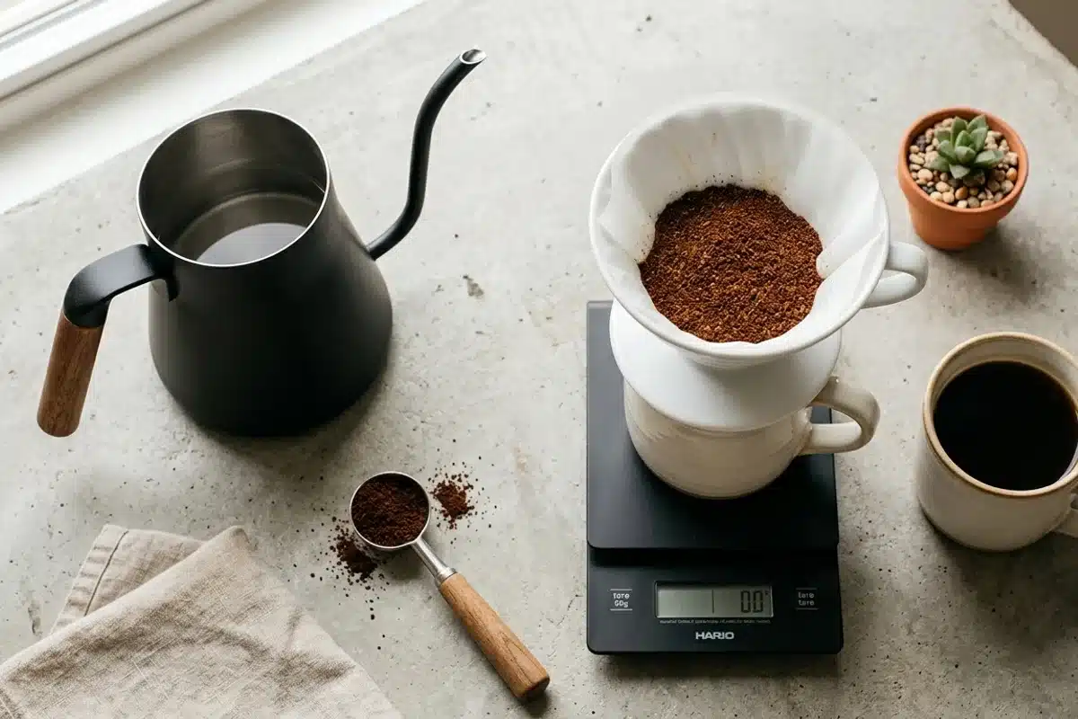 Matériel V60 Hario : balance et dripper Vue de dessus du matériel V60 Hario : dripper avec filtre papier, balance de précision et bouilloire col-de-cygne