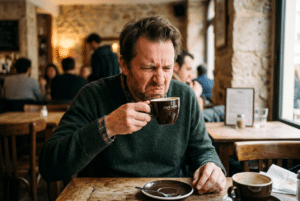 Homme attablé dans un café qui grimace en goûtant l'amertume d'un café noir