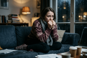 Femme anxieuse repliée sur un canapé, mains crispées, avec des gobelets de café posés devant elle