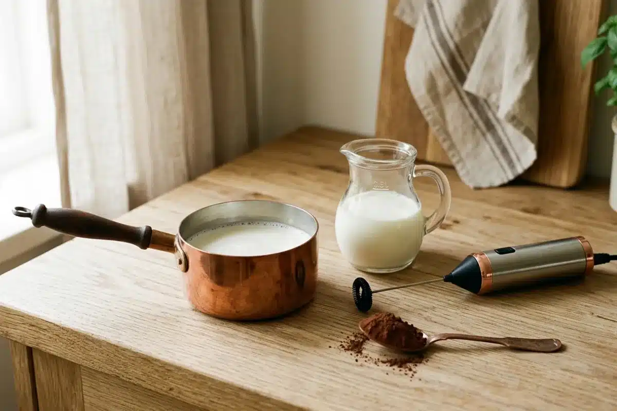 Ingrédients pour préparer un babyccino maison Ingrédients pour un babyccino maison : pot de lait, mousseur et cacao en poudre sur plan de travail