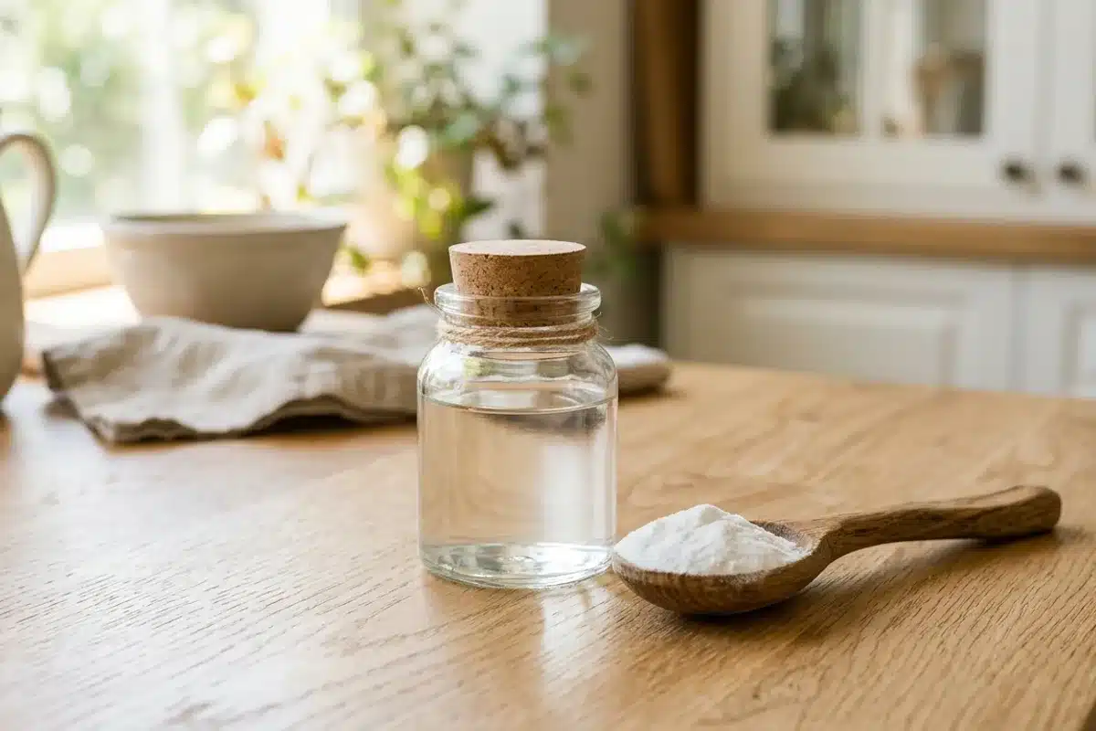 Bicarbonate de soude et vinaigre blanc pour entretenir les canalisations Vinaigre blanc et bicarbonate de soude sur bois clair, alternatives écologiques pour les canalisations