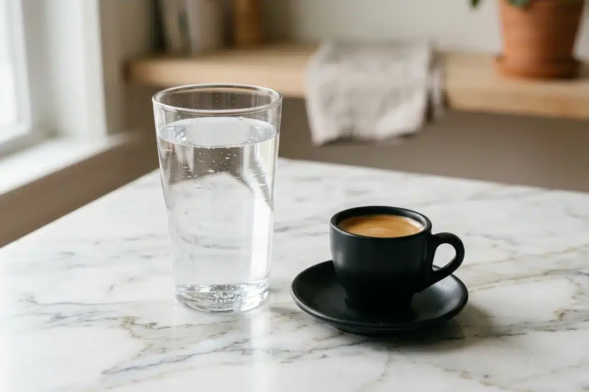 Café et hydratation : verre d'eau et espresso côte à côte Verre d'eau et tasse d'espresso côte à côte sur marbre blanc