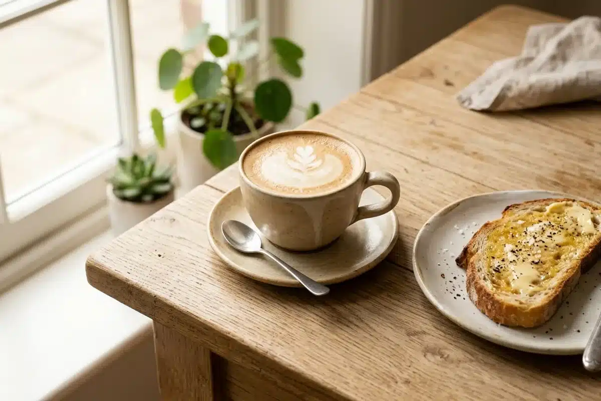 Petit-déjeuner : café au lait et tartine, lumière du matin Tasse de café au lait et tartine beurrée sur table en bois clair, lumière matinale