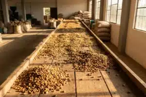 Vue plongeante sur une table de tri de café parche dans une coopérative hondurienne, grains dorés sur bois