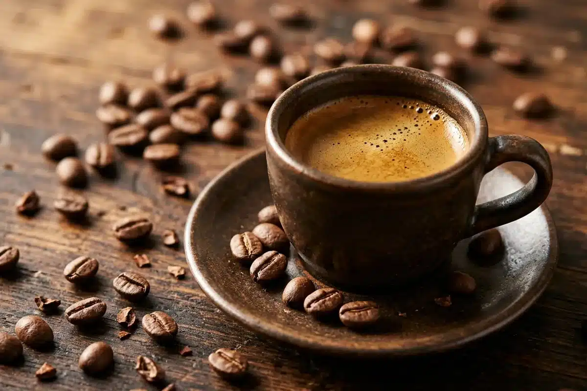 Espresso de café du Honduras dans une tasse céramique Tasse d'espresso sur soucoupe céramique entourée de grains de café arabica du Honduras