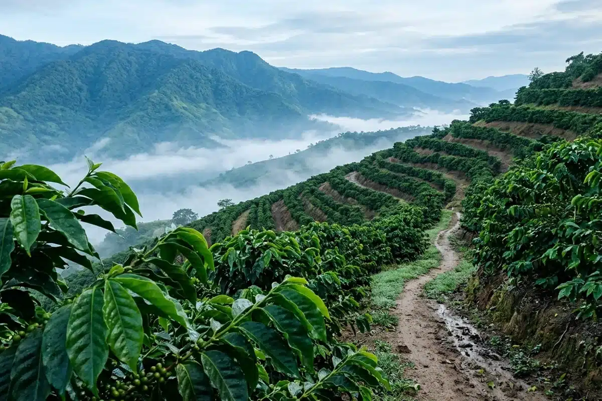Caféiers en terrasses d'altitude au Honduras Caféiers cultivés en terrasses sur les pentes montagneuses du Honduras, brume matinale