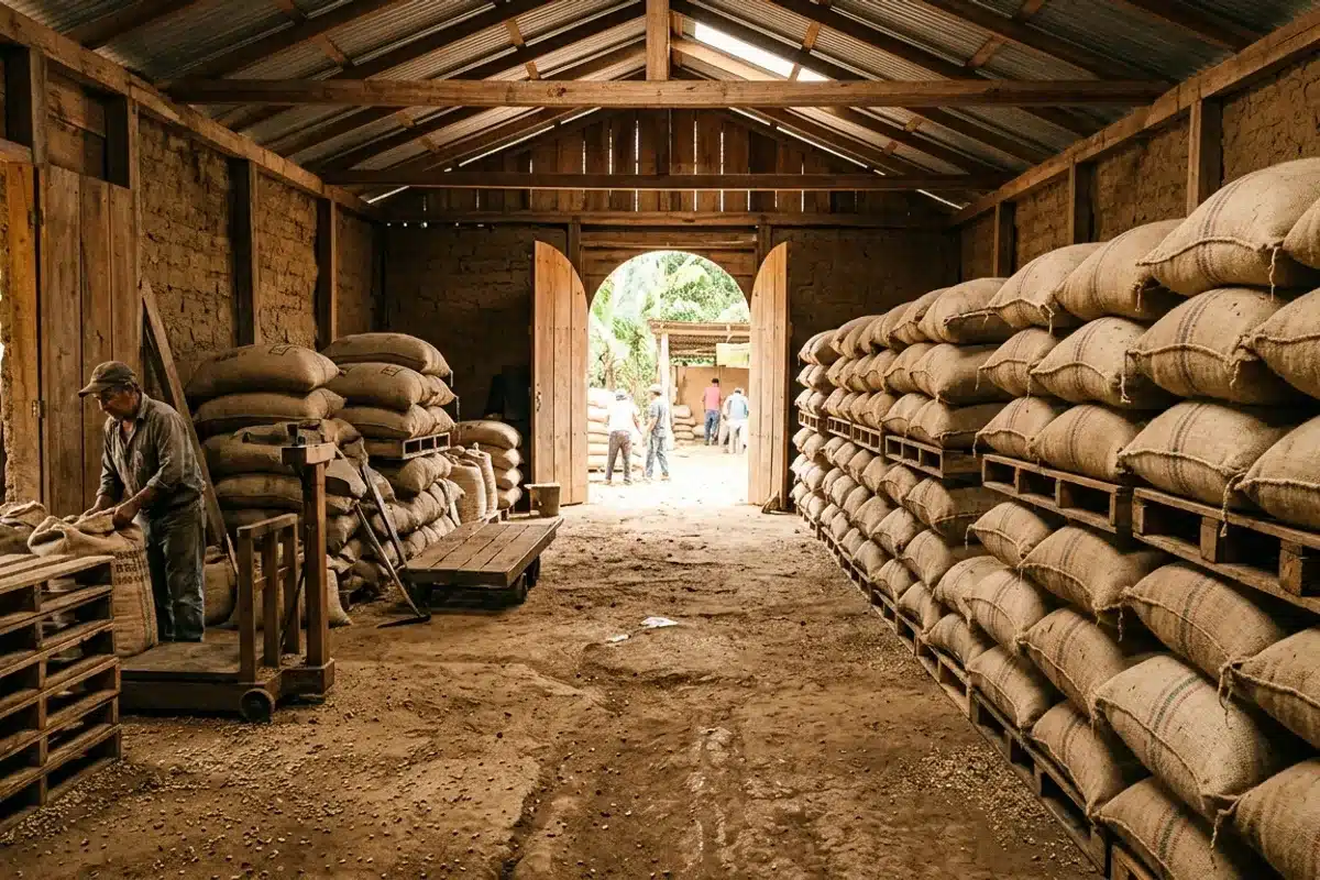 Sacs de café vert dans un entrepôt de coopérative Sacs de jute de café vert empilés dans un entrepôt de coopérative au Honduras
