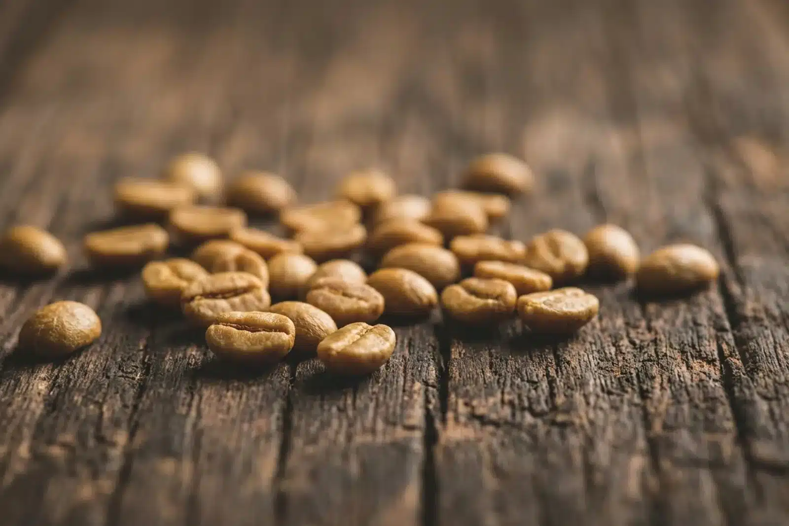 Grains de café Geisha, variété arabica la plus prisée Grains de café Geisha arabica sur bois sombre, variété la plus prisée au monde