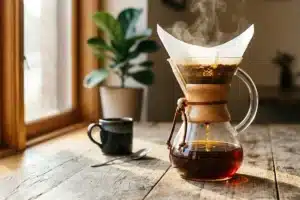 Café Kenya AA en cours de préparation dans une Chemex, robe ambrée et vapeur