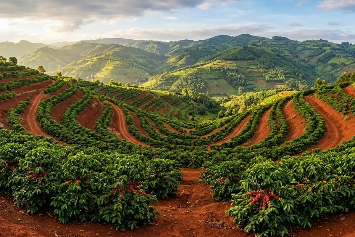 Caféiers arabica SL-28 sur les hauts plateaux du Kenya Plantation de caféiers arabica en terrasse sur les hauts plateaux volcaniques du Kenya