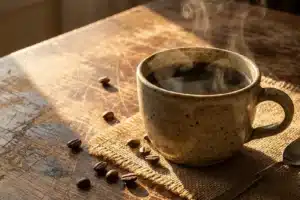 Tasse de café fumante sur une table en bois, illustrant le lien entre café et maux de tête