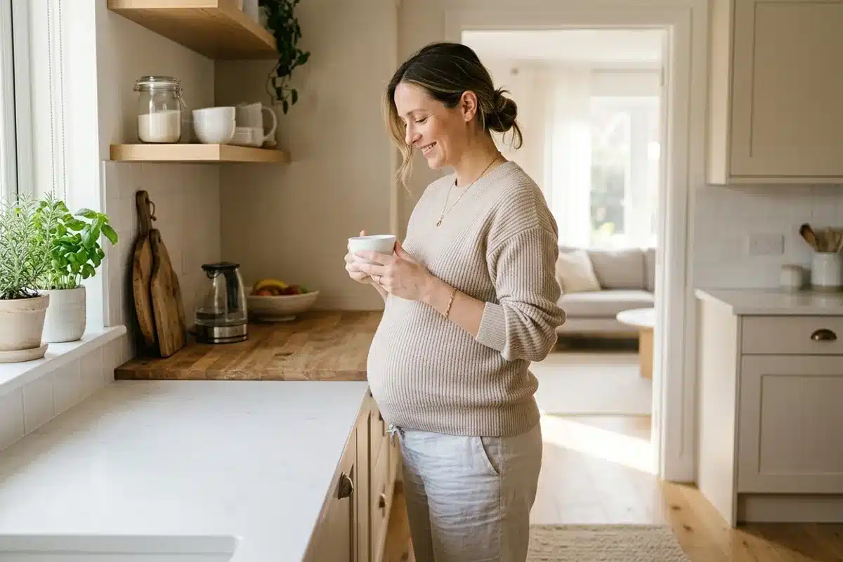 Consommation quotidienne de café selon le profil Femme enceinte tenant une tasse dans une cuisine lumineuse, ambiance matinale