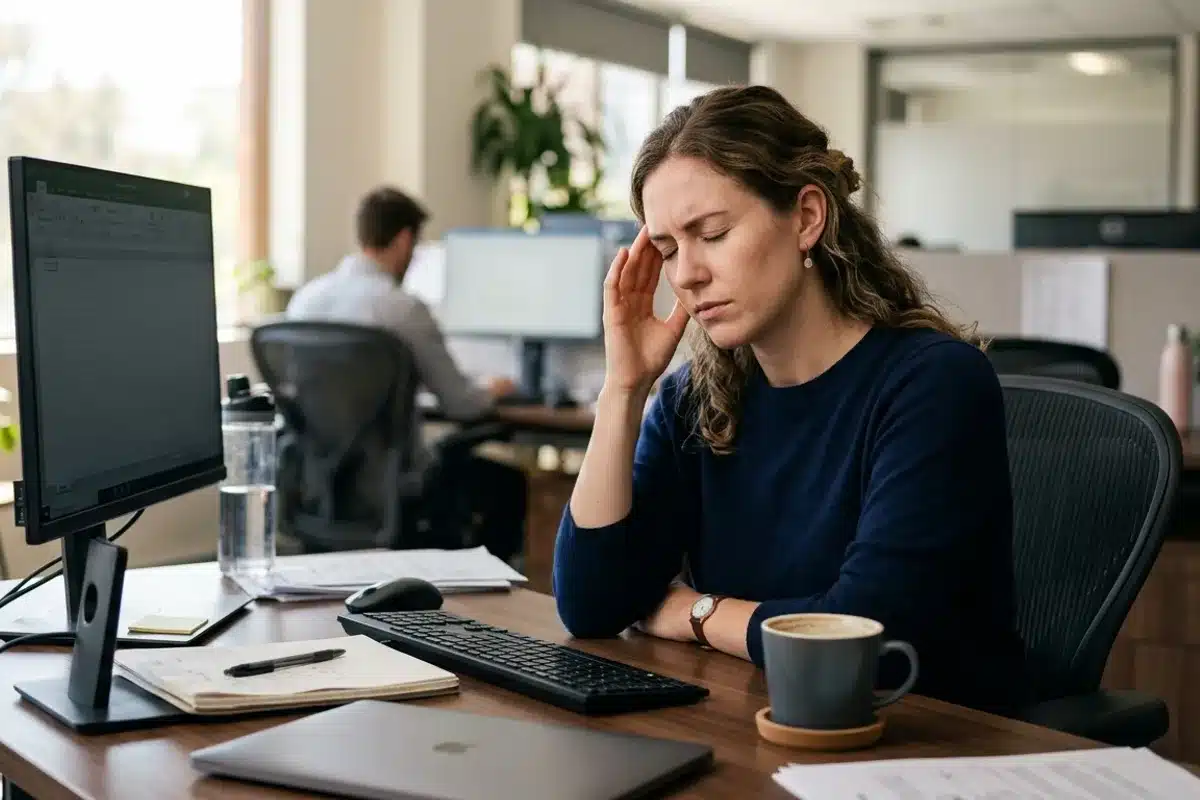 Caféine et soulagement des céphalées Femme se tenant les tempes avec une tasse de café sur son bureau, illustrant l'effet de la caféine sur les maux de tête