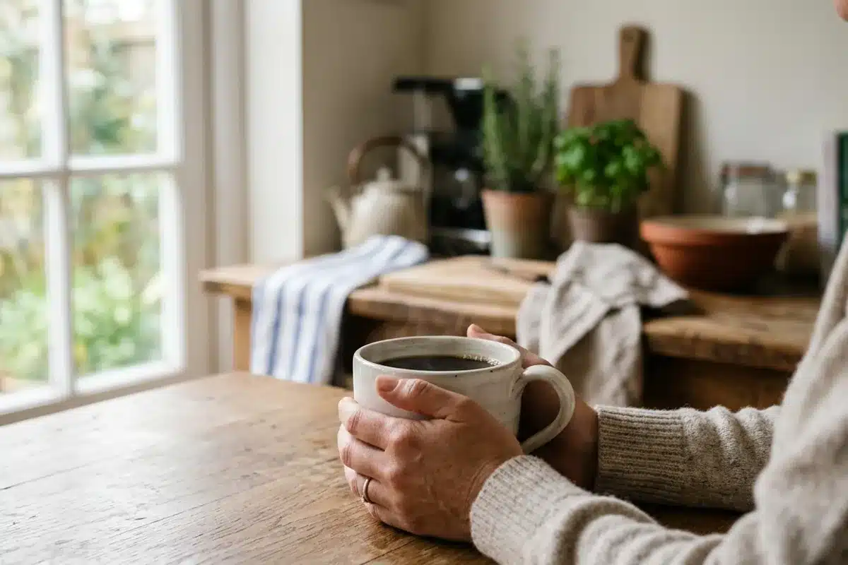 Mains tenant une tasse de café chaude, illustrant l'action de la caféine sur le cerveau et la vigilance