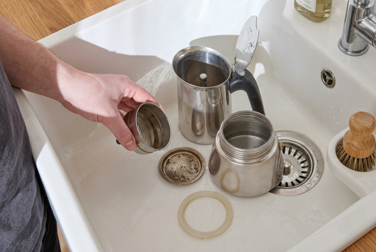 Nettoyage d'une cafetière italienne à l'eau claire Rinçage à l'eau claire des pièces démontées d'une cafetière italienne dans un évier