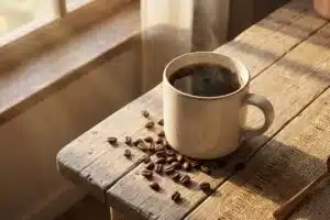 Tasse de café filtre fumante sur bois clair, lumière dorée matinale, grains de café