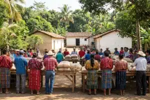 Producteurs de café devant des sacs de jute dans une coopérative en Amérique centrale