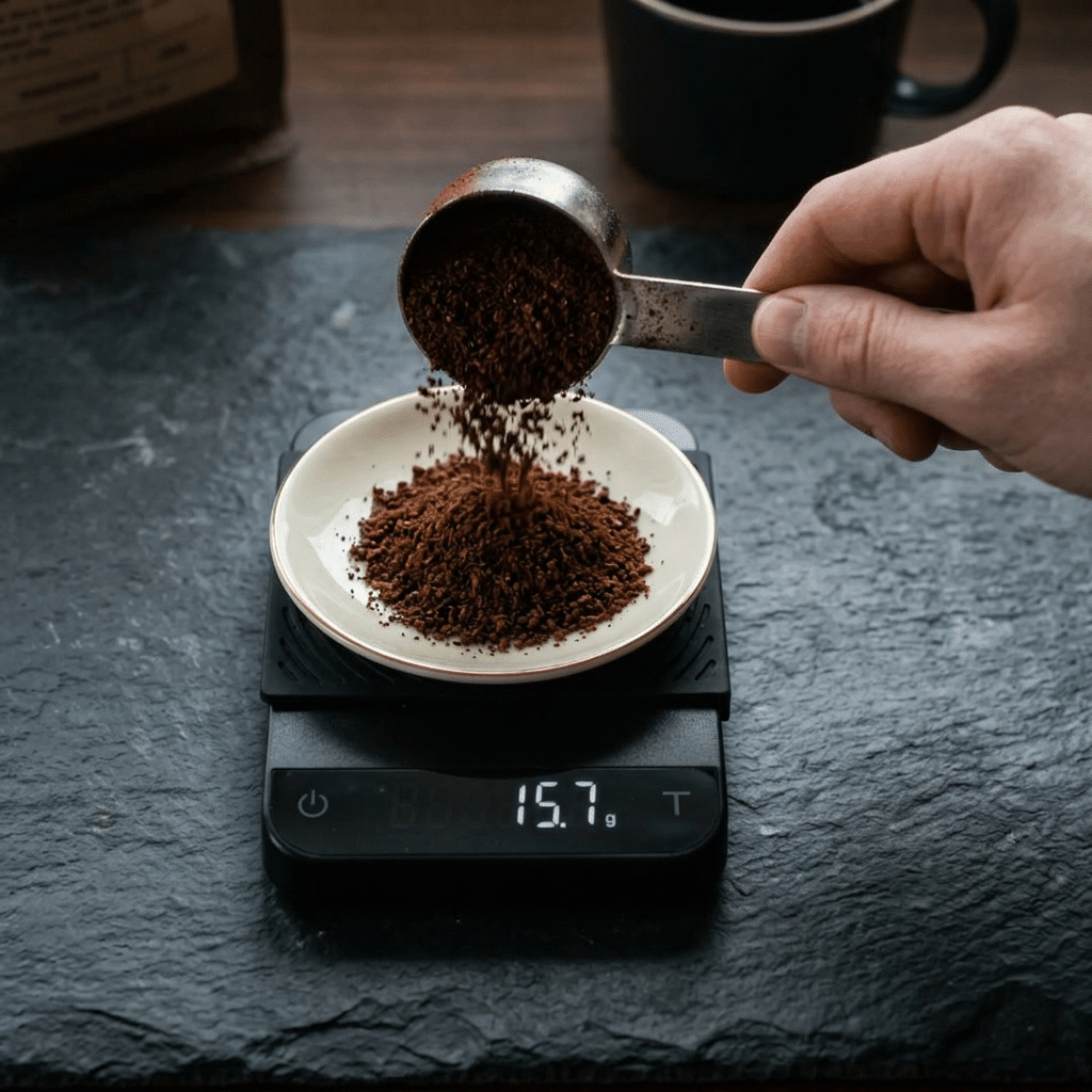 Dosage du café moulu sur balance de cuisine Main versant du café moulu depuis un doseur métallique sur une balance de cuisine noire affichant 15,7 g