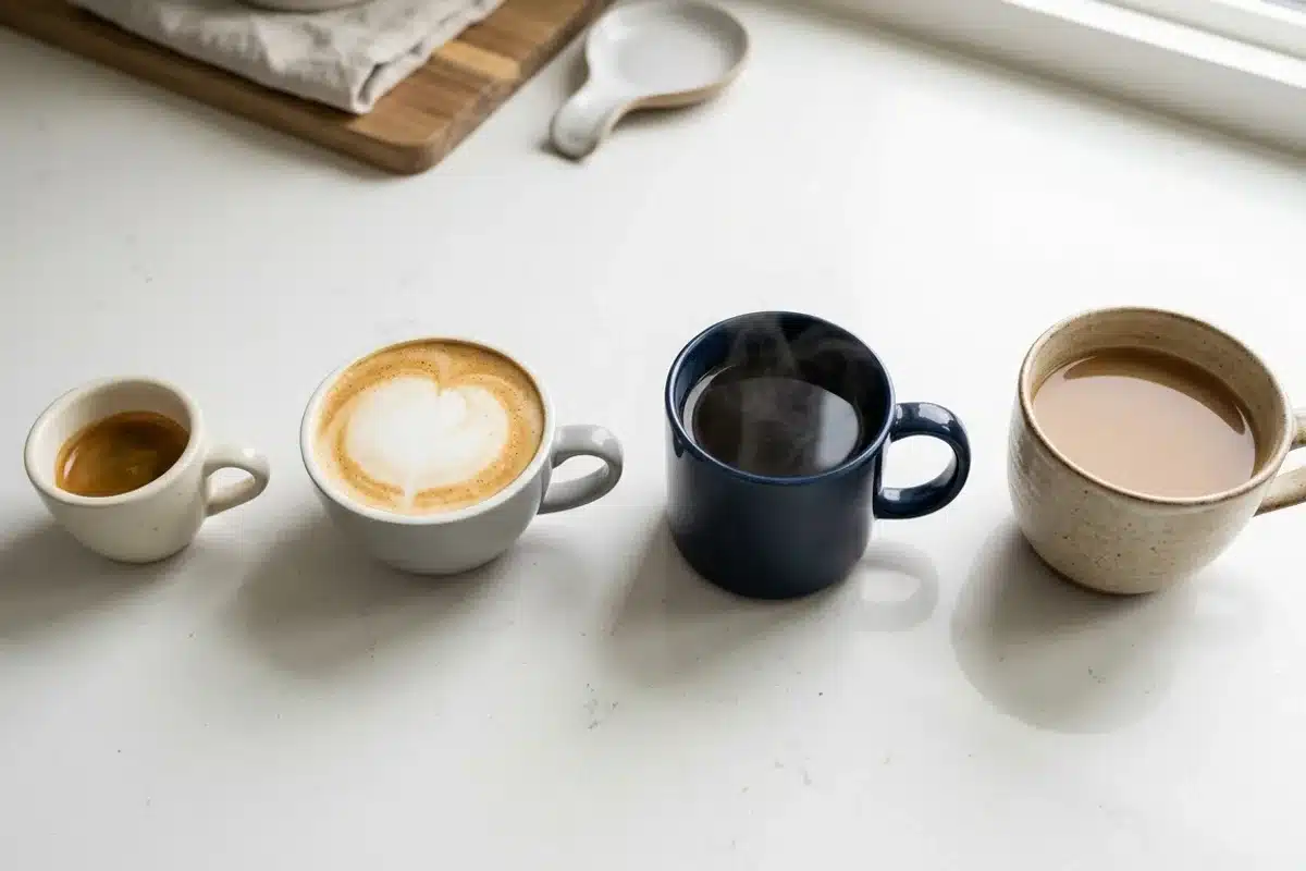 Doses de caféine journalières et café Quatre tasses de café alignées sur un plan de travail blanc, illustrant les doses journalières recommandées de caféine