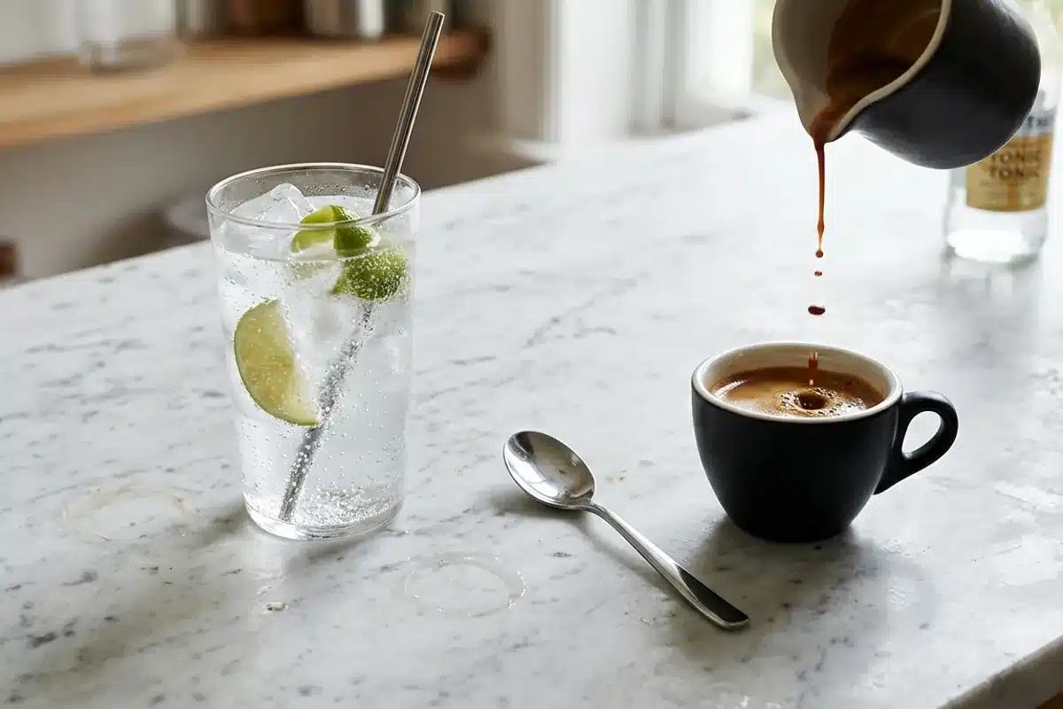 Preparation d un espresso tonic : verre de tonic et tasse espresso sur marbre Verre de tonic avec citron vert et tasse espresso noire sur marbre blanc, cuillere a cote