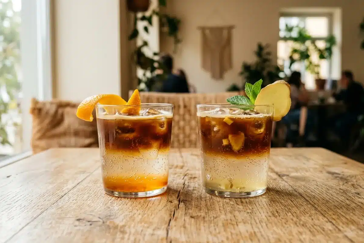 Deux variantes d espresso tonic cote a cote : orange et gingembre Deux verres d espresso tonic sur table en bois, l un avec zeste d orange, l autre avec gingembre frais