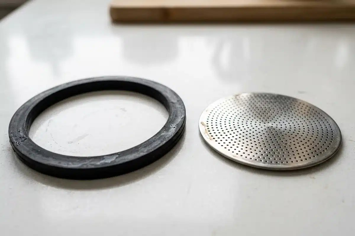 Joint et filtre d'une cafetière italienne Gros plan sur le joint en caoutchouc noir et le filtre en métal d'une cafetière italienne