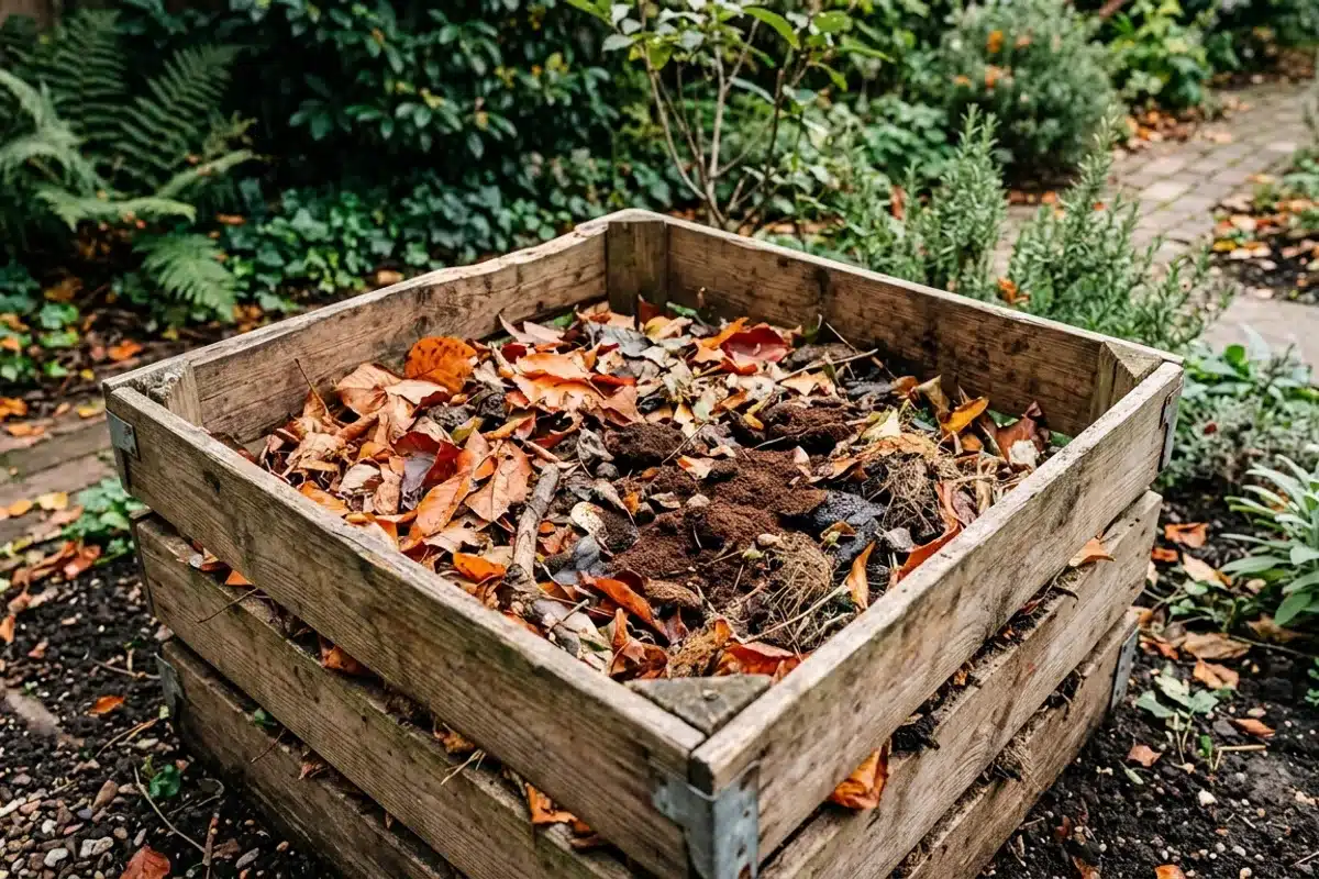 Marc de café et compost pour hortensia Marc de café mélangé à des feuilles mortes dans un composteur de jardin