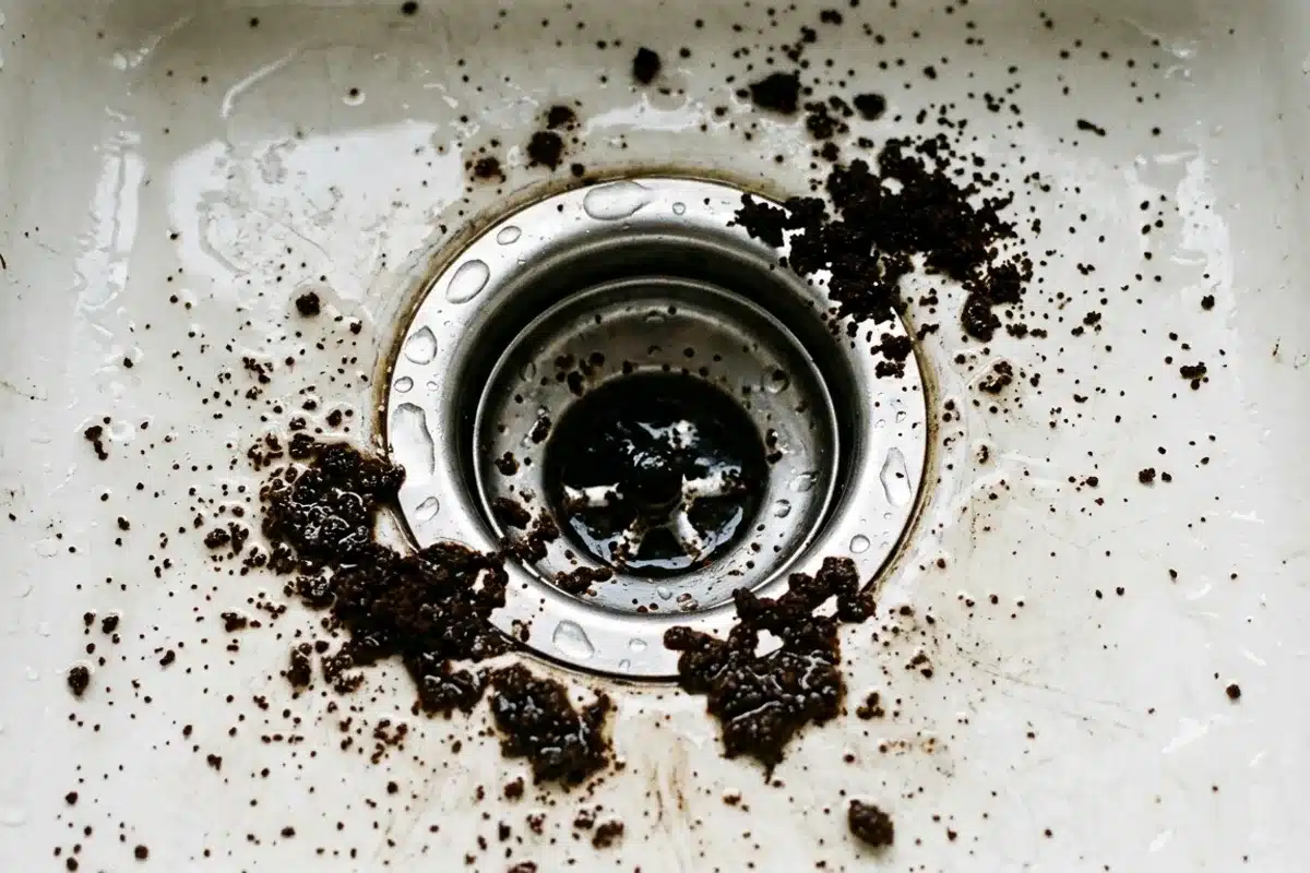 Résidu de marc de café accumulé autour d'un siphon d'évier Marc de café sombre autour du siphon d'un évier blanc, risque de bouchon dans les canalisations