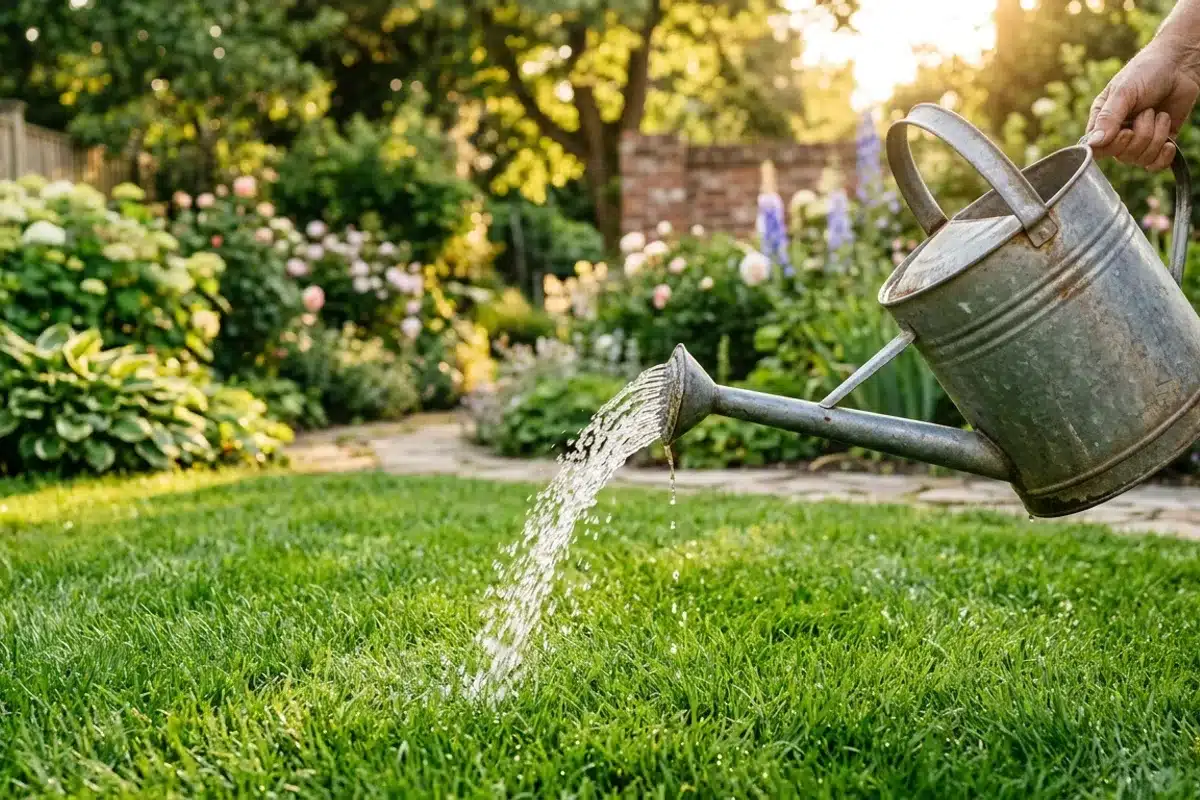 Arrosoir versant de l'eau sur une pelouse verte après épandage de marc de café