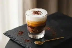 Marocchino café italien en verre transparent sur ardoise noire, couches cacao espresso et mousse