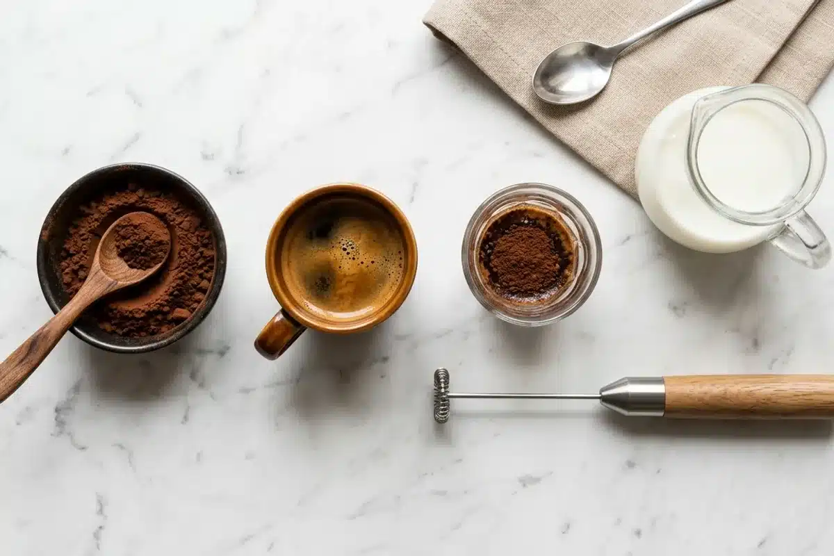 Ingrédients du marocchino Ingrédients du marocchino : espresso, cacao en poudre et verre transparent sur marbre blanc