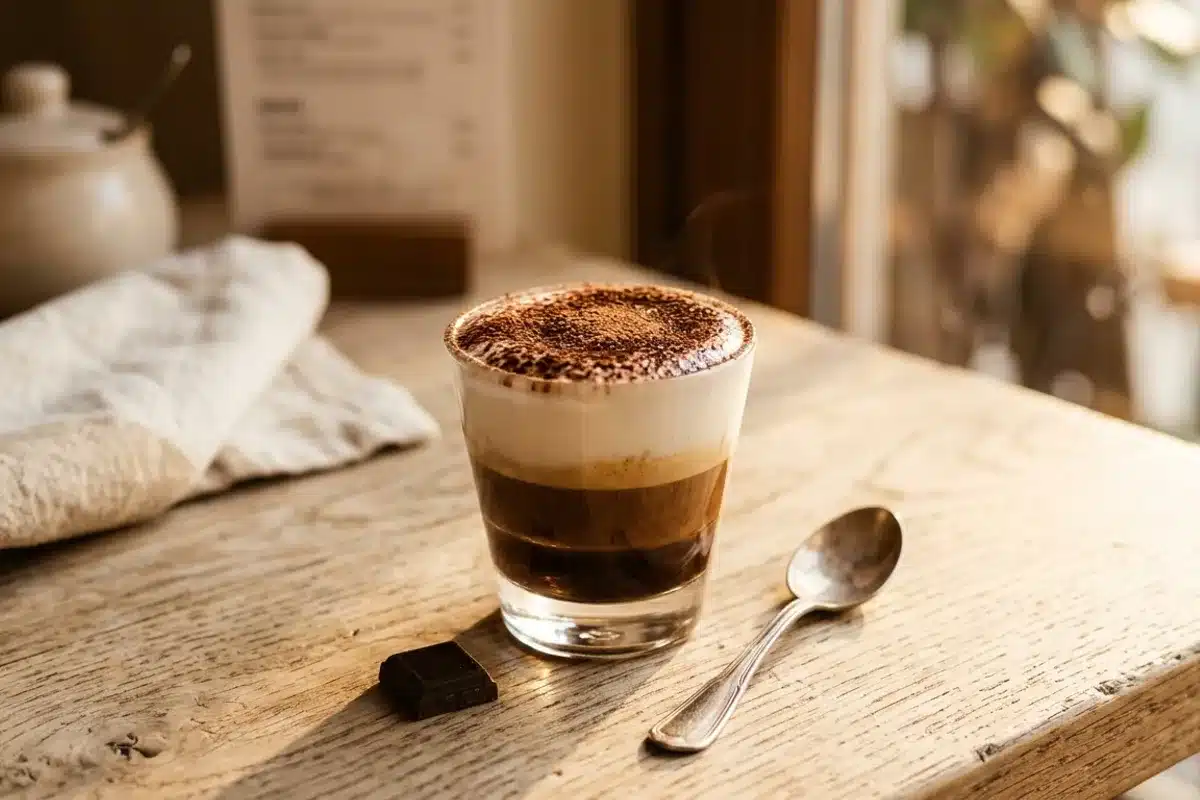 Marocchino prêt à servir Marocchino prêt à servir dans son verre transparent sur bois clair, mousse blanche et cacao saupoudré