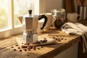 Cafetière italienne aluminium propre et brillante sur une étagère en bois