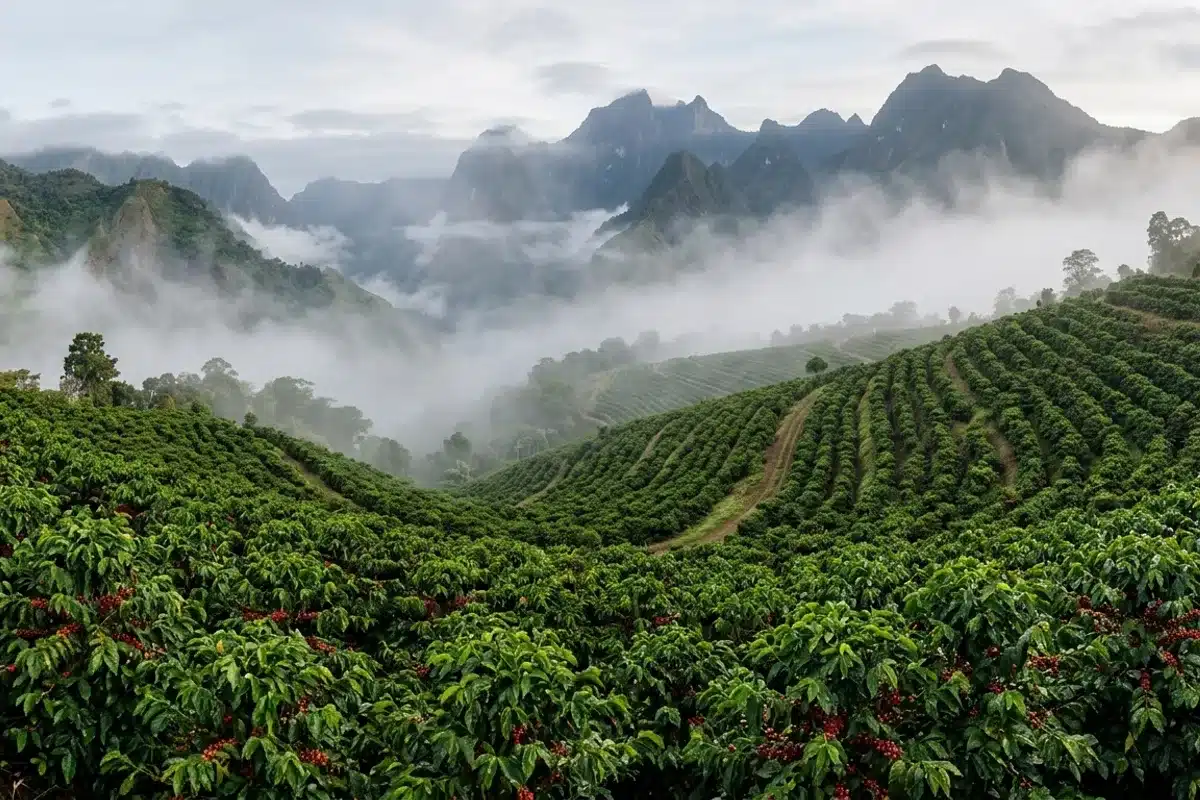 Plantation caféière en altitude, terroir du café Geisha Plantation de caféiers en altitude dans la brume, typique des terroirs du café Geisha