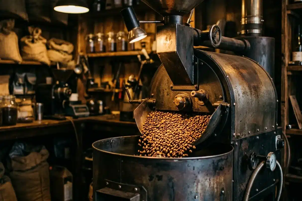 Torréfaction artisanale de café : tambour en fonte Tambour de torréfaction artisanale avec grains de café dorés, atelier chaleureux
