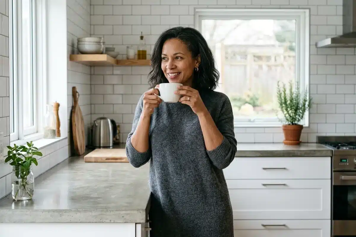 Femme avec tasse de café en cuisine Femme tenant une tasse de café dans une cuisine blanche, symbolisant la sensibilité digestive au café