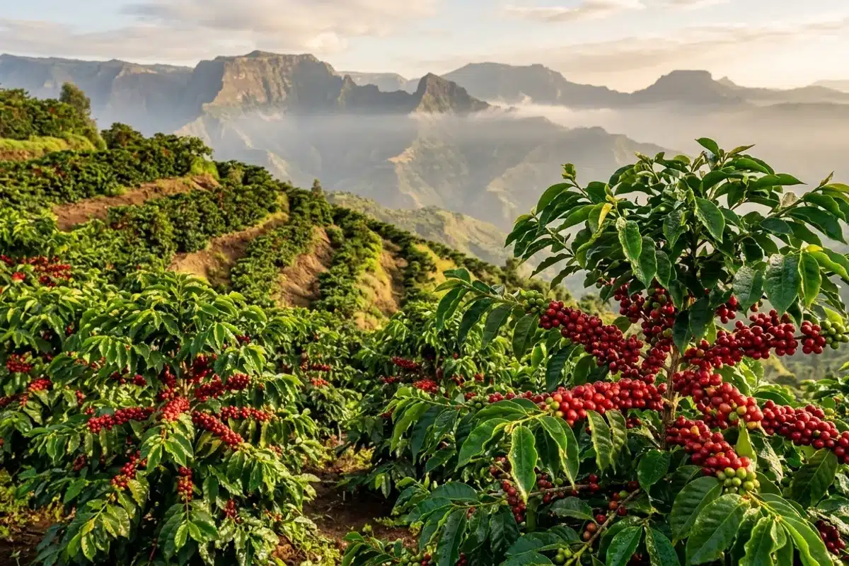 Caféiers arabica avec cerises de café rouge vif sur les hauts plateaux éthiopiens