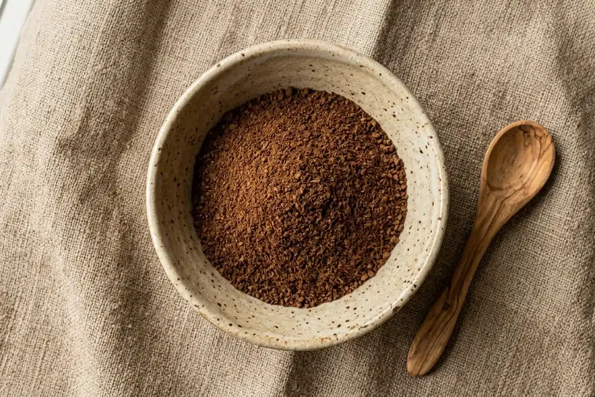 Chicorée en poudre alternative au café Bol de chicorée en poudre avec cuillère en bois sur tissu lin, alternative au café pour réduire les ballonnements